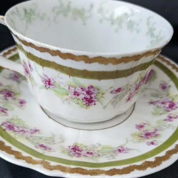 RARE Antique Limoges Porcelain Tea Cup And Saucer Pink/Green 1896-1900